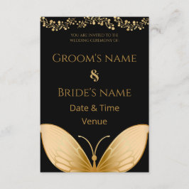 Invitación de boda negra elegante con mariposa dor
