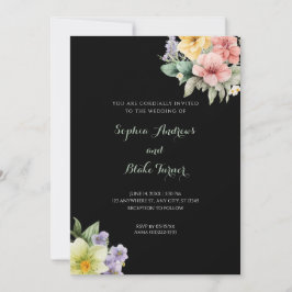 Invitación de Boda Negra Moderna y Flores Pastel