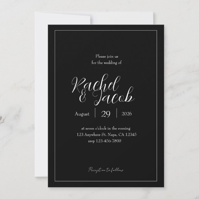 Invitación de boda negra personalizable con texto  (Anverso)