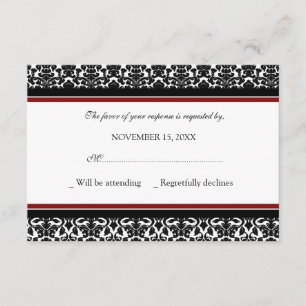 Invitación de boda negra roja de RSVP del damasco