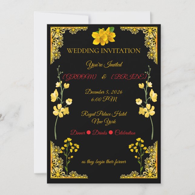 Invitación de Boda Negra y Dorada (Anverso)