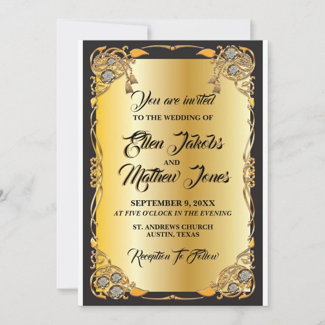 Invitación de boda negra y dorada (Anverso)