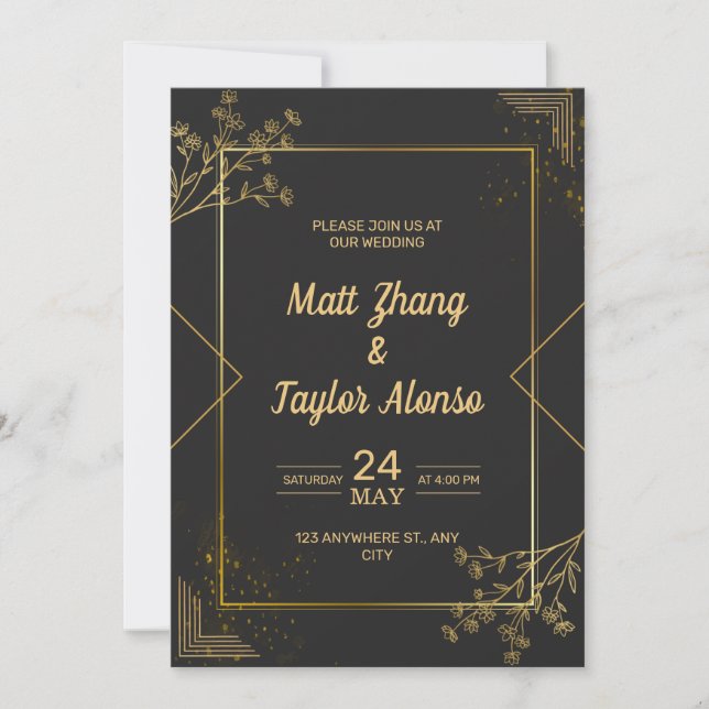 Invitación de boda negra y dorada (Anverso)