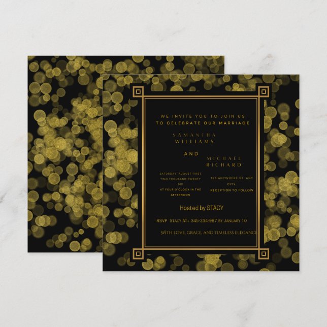 Invitación de Boda Negra y Dorada | Luxur Editable (Anverso / Reverso)