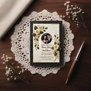 Invitación de Boda Negra y Oro de Lujo