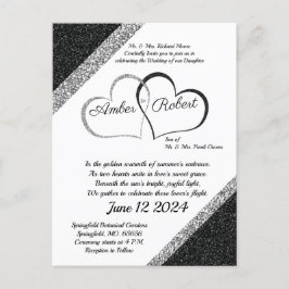 Invitación de boda negra y plateada con poema del