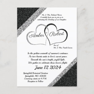 Invitación de boda negra y plateada con poema del
