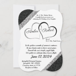Invitación de boda negra y plateada con poema del 