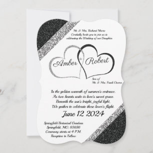 Invitación de boda negra y plateada con poema del