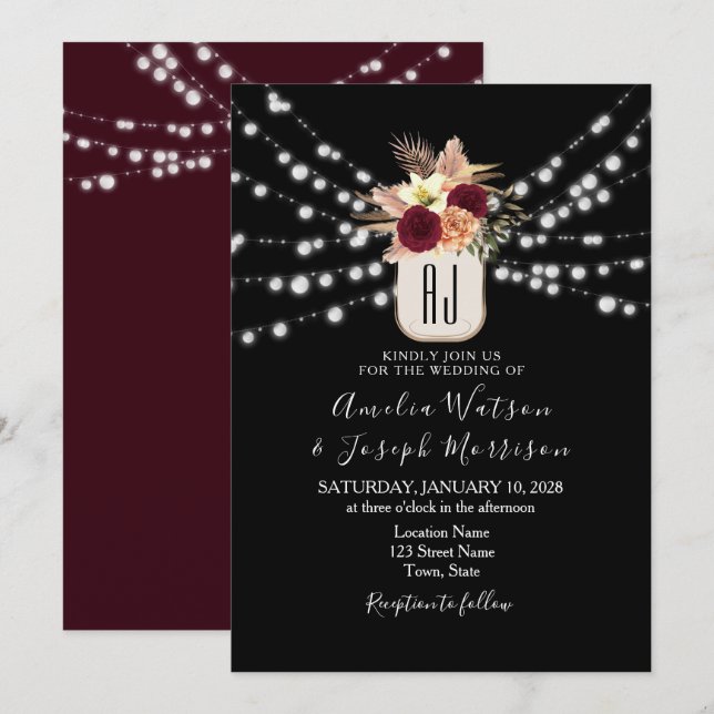 Invitación de boda negro Borgoña (Anverso / Reverso)