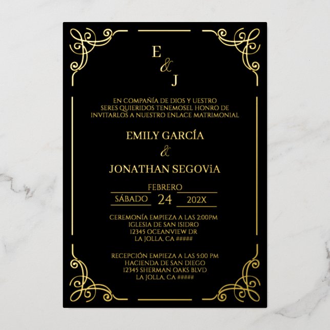 Invitación de boda negro y oro gold foil  (Anverso)