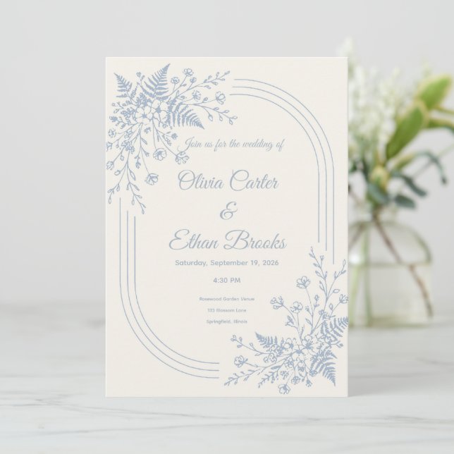 Invitación de boda neutral azul polvoriento modern (Anverso de pie)