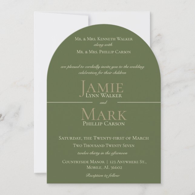 Invitación de boda neutral oliva y beige (Anverso)