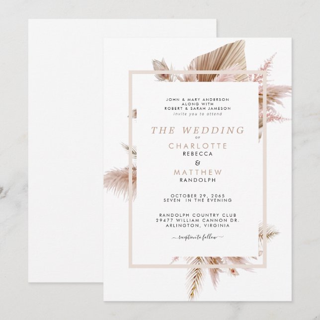 Invitación de Boda Neutral Pampas para Ambos Padre (Anverso / Reverso)