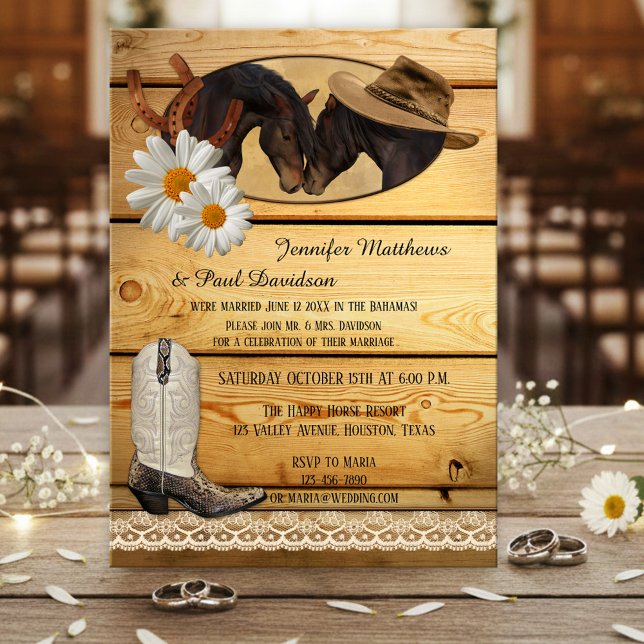 Invitación de Boda o Fiesta Posterior a la Boda en (Post wedding party invitation featuring two horses on rustic wood with horseshoes and cowboy boot)