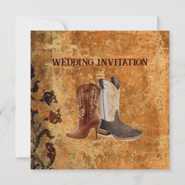 Invitación de Boda Occidental Botas de Vaquero Cam (Anverso)