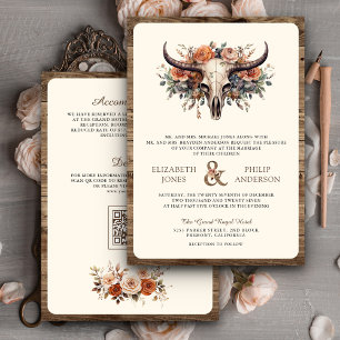 Invitación de boda occidental con cráneo de vaca f