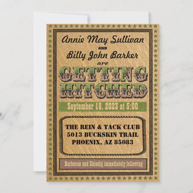 Invitación de boda occidental con tipografía vinta (Anverso)