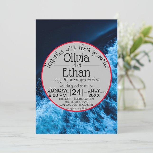 Invitación de boda olas de azul océano elegante (Anverso de pie)