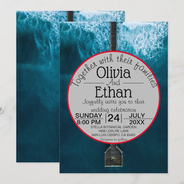 Invitación de boda olas de azul océano elegante (Anverso / Reverso)