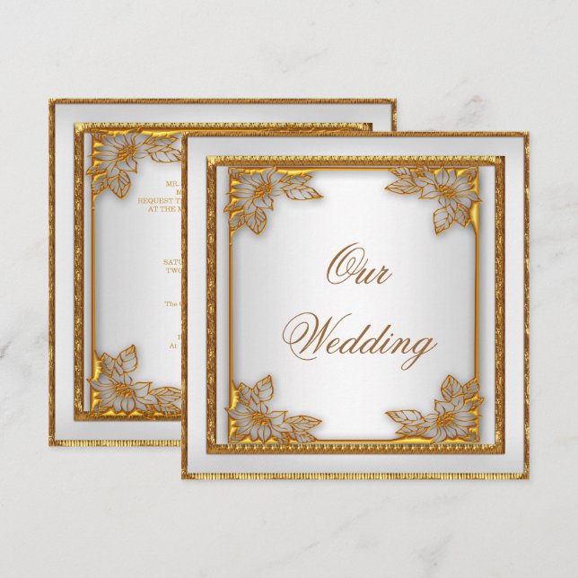 Invitación de Boda Old Gold Blanco Art Déco (Anverso / Reverso)