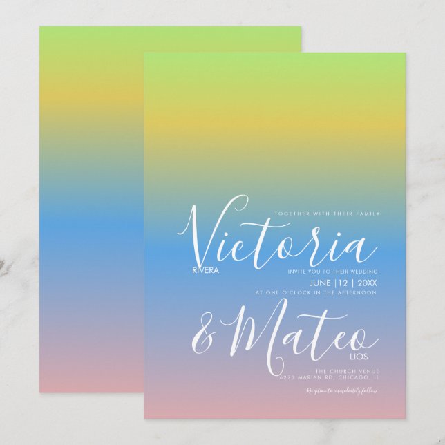 Invitación de boda ombre arcoíris amarillo azul ro (Anverso / Reverso)