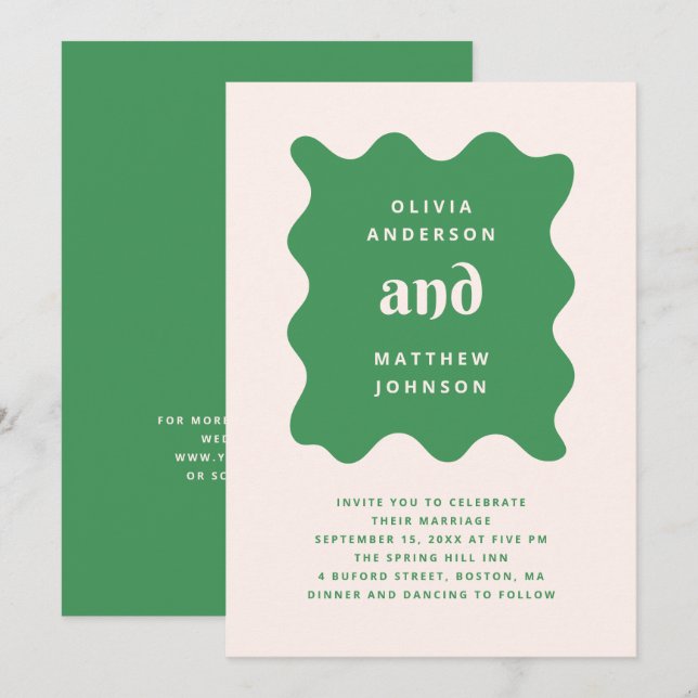 Invitación de boda ondulada moderna verde | Código (Anverso / Reverso)