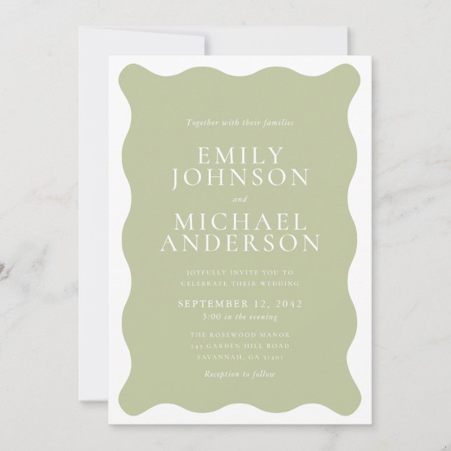 Invitación de boda ondulada verde salvia (Anverso)