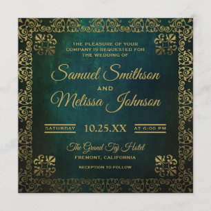 Invitación de boda oriental vintage verde dorado