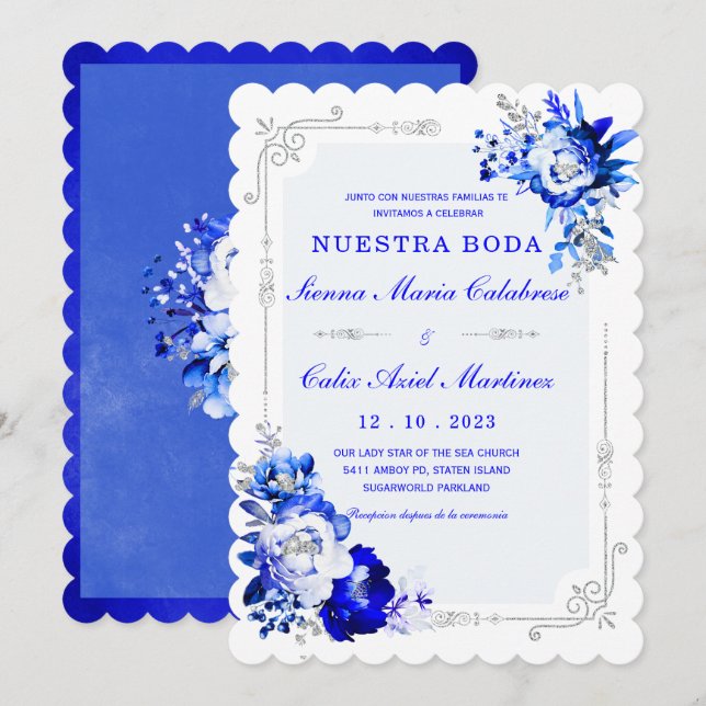 Invitación De Boda Originales y Elegantes en Azul Rey (Anverso / Reverso)