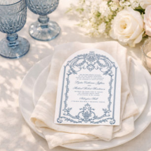 Invitación de boda ornamentada azul francés barroc