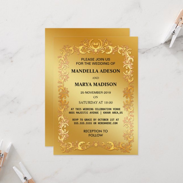 Invitación de boda ornamentada en oro elegante (Anverso/Reverso In Situ)