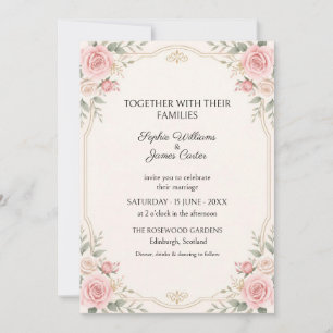 Invitación de boda ornamentada en rosa dorado y ro