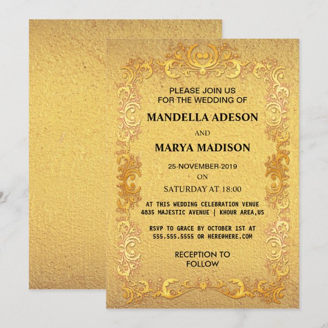 Invitación de Boda Ornata de Oro de Lujo (Anverso / Reverso)
