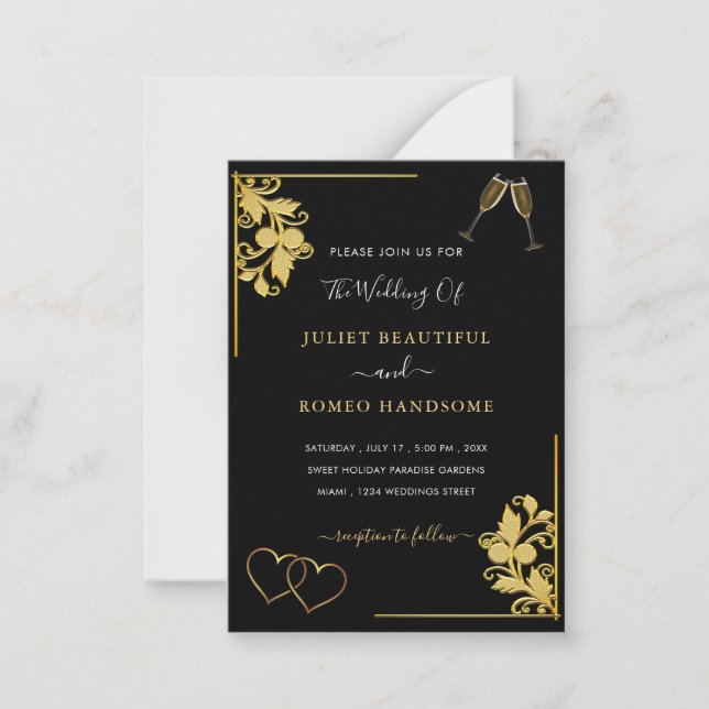 Invitación de Boda Oro Negro Corazones y Champán (Anverso)