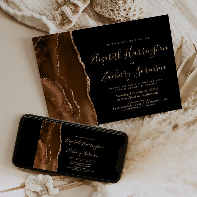 Invitación de boda oscura de ágata dorada marrón m (Subido por el creador)
