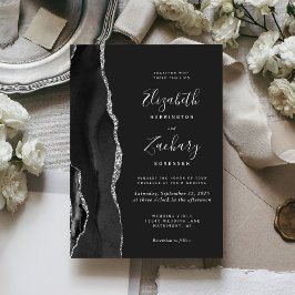 Invitación de boda oscura moderna de plata y ágata