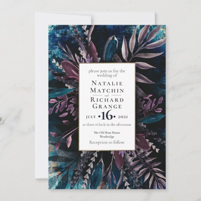 Invitación de boda oscura y amorosa azul (Anverso)