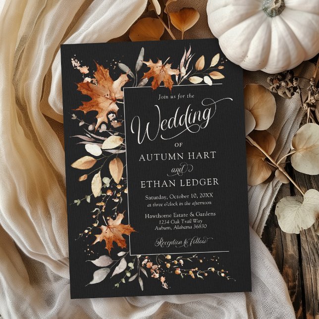 Invitación de Boda Otoñal de Hojas de Acuarela Rús (Elegant watercolor Autumn leaves modern black orange rust Fall QR code rsvp wedding invitation)