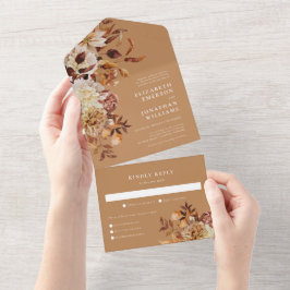 Invitación de boda otoñal dorada todo en uno