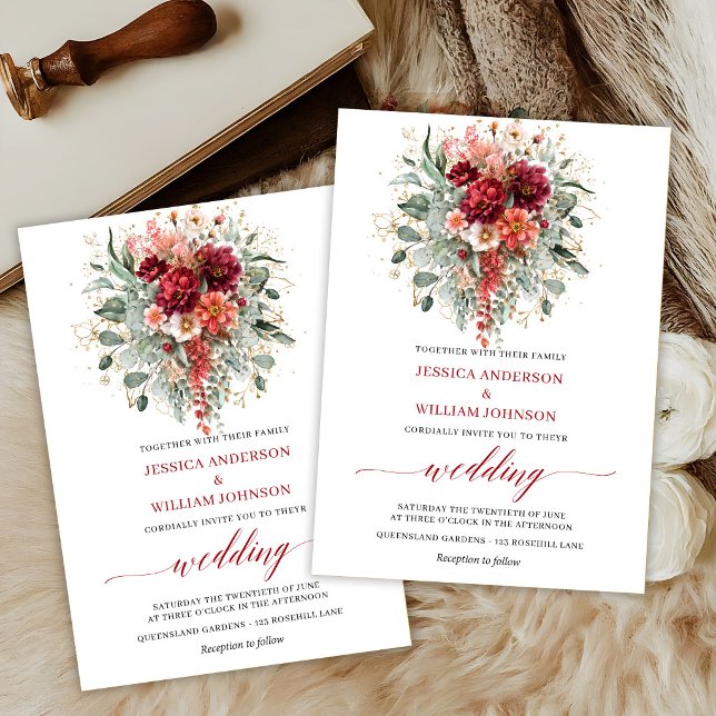 Invitación de boda otoñal floral granate chic con  (Chic Maroon Floral Eucalyptus Fall Wedding Invite

)