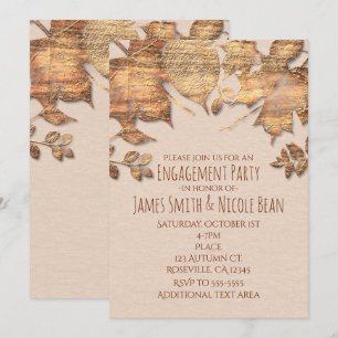 Invitación de boda otoñal rústica con hojas dorada