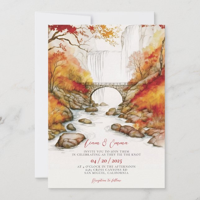 Invitación de boda otoño elegante con hojas que ca (Anverso)