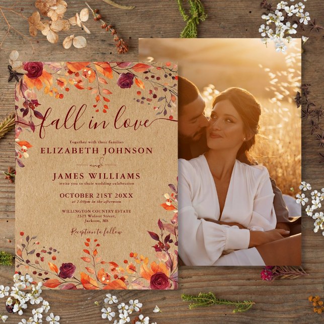 Invitación de Boda Otoño Floral Rústico Enamorarse (Fall In Love Autumn Rustic Floral Photo Wedding Invitation)