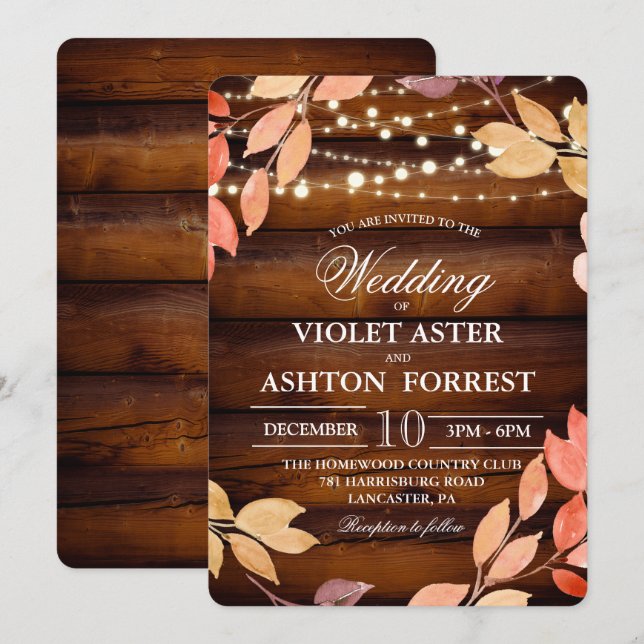 Invitación de Boda Otoño Hojas Rústicas Caen (Anverso / Reverso)