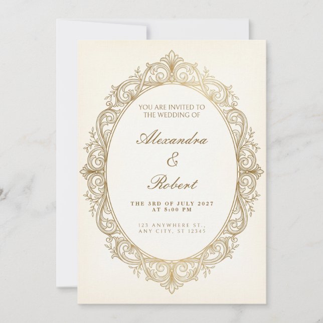 Invitación de boda oval barroca con filigrana de o (Anverso)