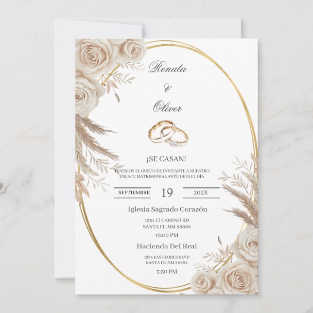 Invitación de boda oval Boho anillo de boda en esp (Anverso)