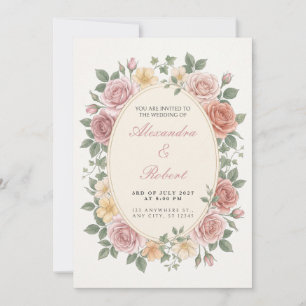 Invitación de boda oval botánica Rosa Rosa