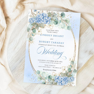 Invitación de boda oval dorada con hortensias azul