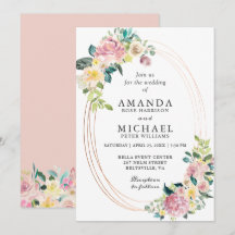 Invitación de boda oval floral pastel rosado